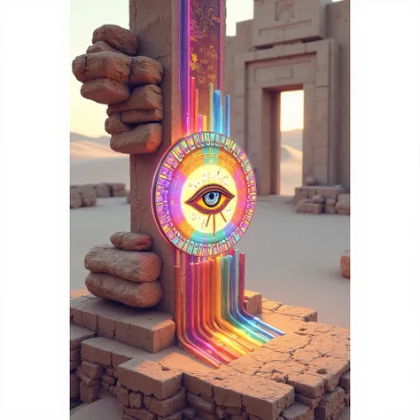 Symbole coloré Illuminati Eye , carte dixit divinité égyptienne, dans un paysage de ruine en sable
