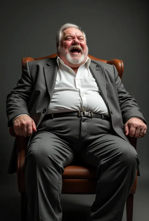 bara, old man, grey and a littile white hair, facial hair, fat, very fat, most fat man, suit, sits in chair, big body, huge body, light smile, blush, he is gay, he is at the peak of lust, pants zipper, his penis is out from his pants’s zipper, open mouth, ...