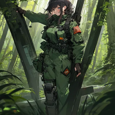 21-years-girl in the forest, military suit