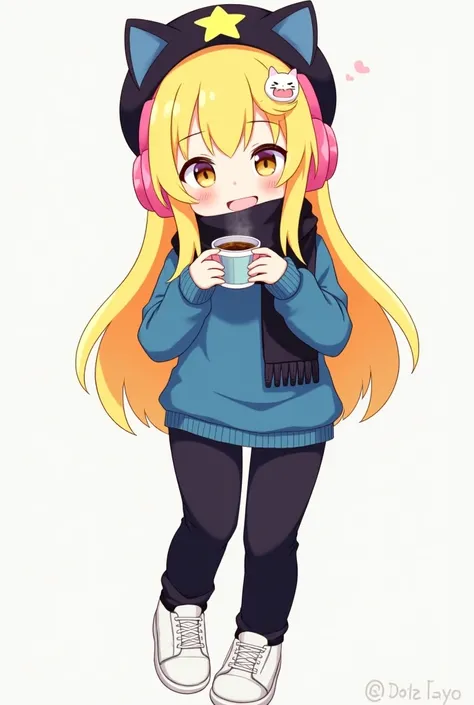 A cute female person with yellow hair a blue sweater under a happy face and in her mouth a coffee and a black blouse and black pants with white shoes a hat with a yellow and blue star some pink kitten headphones a black scarf and thats it