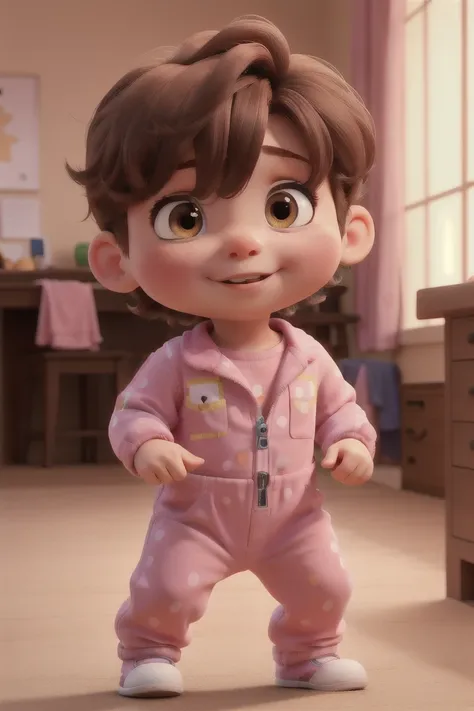  masterpiece ,  best quality, A baby ,  brown hair,  brown-eyed , white, Pink cheek wearing baby clothes pink jumpsuit