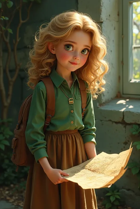 Clara with blond and curly hair green blouse and brown skirt caught in the corner,  a written phrase In gold letters it said : " Courage opens paths to pure hearts ."

 without thinking twice ,  Clara decided to follow the map .  She took her little blue b...