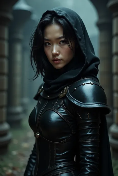 (photorealism: 1.2), Asian woman, beautiful, 28 years old, black hair, short hair, brown eyes, confident and emotional look, wearing black leather armor and a black hood. the background is a dark medieval house, cold colors.