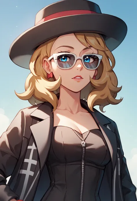 Serena pokemon, blue eyes,  wearing sunglasses,  a large fancy coat, wearing a fancy bracelet,  wearing a sombrero, paparazzis following her, shes  a famous person, 20 years old, shes a pretty woman 