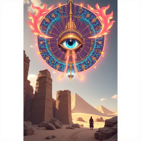 Symbole coloré Illuminati Eye , carte dixit divinité égyptienne, dans un paysage de ruine en sable
