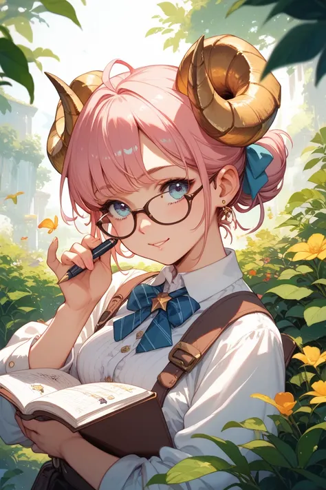 Woman with lush golden horns , The hair half pink and half black ,  wears glasses, a garment that only covers one of her arms,  with one hand he holds a drawing pen and with the other he creates magic wrapped in letters 