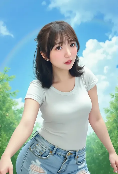 (masterpiece,  top quality :1.2), (reality:1.5), ( realistic , photo  realistic :1.5), the above, Bust,  One girl , Alone, 18 years old,  very short, Short torso,  long hair,  chubby body, Big Breasts, Thick Ass, Slim waist, ( Light blue jeans with damage ...