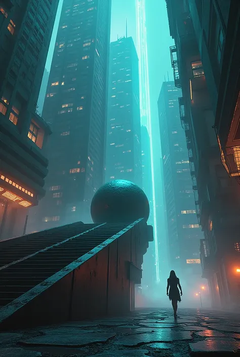 The myth of Sisyphus cyberpunk version dark city with tall buildings.