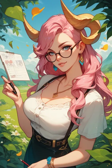 Woman with lush golden horns , The hair half pink and half black ,  wears glasses, a garment that only covers one of her arms,  with one hand he holds a drawing pen and with the other he creates magic wrapped in letters 