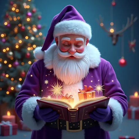 Create an image of Santa Claus in a purple suit reading a magic book from which gifts come out,  Christmas tree background