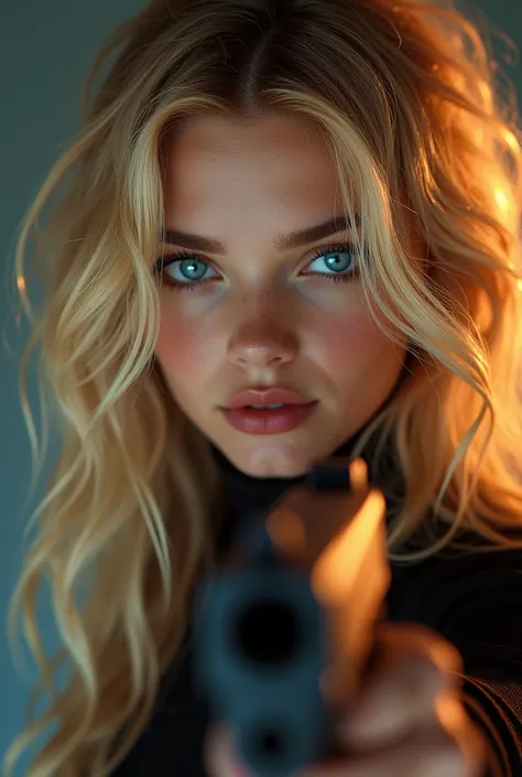 A book cover of a main character whos a girl with blonde golden hair and blue eyes and she has two sides one where she is pointing a gun at someone and the other side of her at a photoshoot posing (the books name is beneath the Glamour)