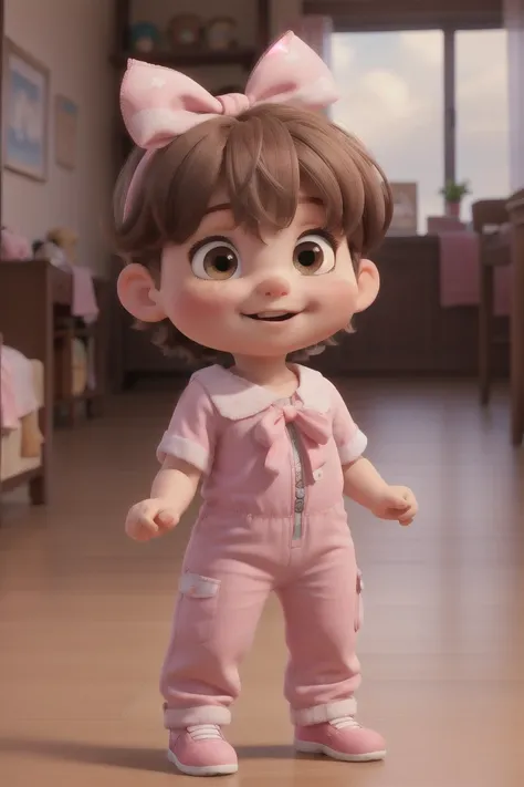  masterpiece ,  best quality, A baby, At the age of 8 months , short brown hair,  brown-eyed , white,  pink cheek wearing baby clothes pink jumpsuit and ribbon in her hair 