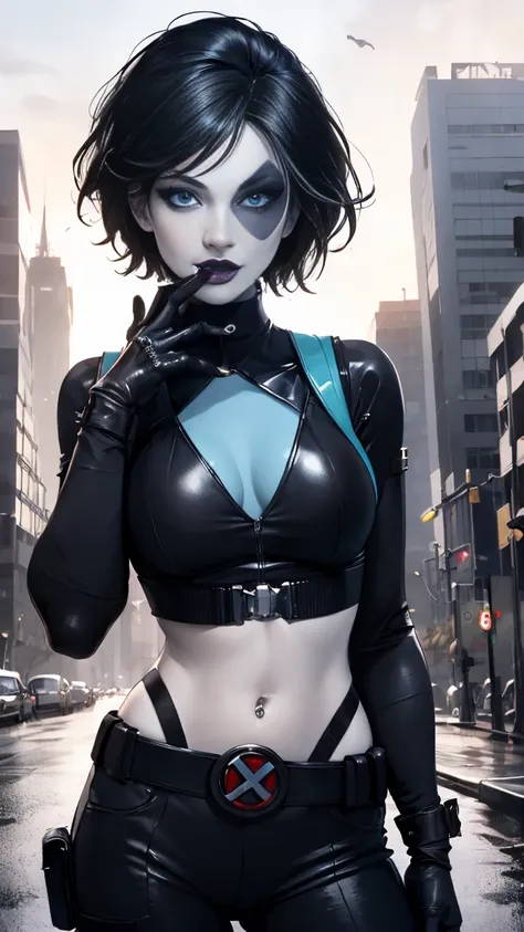 (Highly quality, masterpiece, detailed), city detailed scenario, city detailed background, solo, 1 woman, marveldomino, colored skin, makeup, leather cropped top, sleeves, gloves, belt, bellybutton piercing, bite her lips, beautiful eyes, look at the viewe...