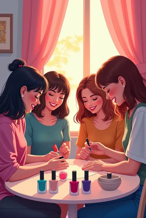 A very colorful illustration , vibrant, cheerful,  4 young women around a table painting their nails,  next to , There are several nail polish jars in the living room of the house , cheerful e sorrindo