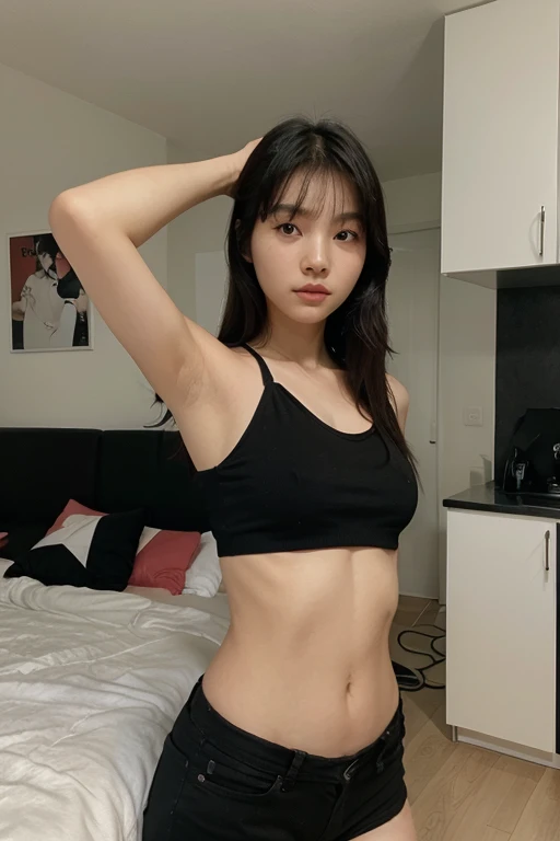  Beautiful Girl,  Korean,20 years,Fondo minimalista, black top in her apartment 