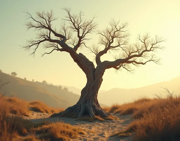 Dried tree in the distance with a new branch growing, horizontal image, highlighted on the branch rising , Afternoon landscape, realistic hd image