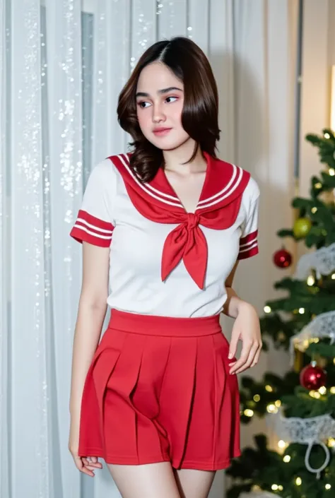 Cozy Christmas Living Room:  Super Rich Petite supermodel posing in a side-facing full-body shot, standing against a white sheer curtain adorned with diamon glitter. School uniform lingerie attire includes a ribbon-tied sailor collared short-sleeve white s...