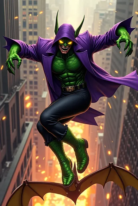       Norman Osborn aka Green Goblin in his classic purple suit           ,            with green arms and legs with scales           ,           green goblin mask with green goblin ears purple hood with yellow eyes,         flying on his bat-shaped flying...