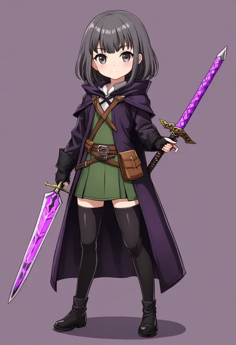 a cute girl, Of Maria Chiquinha with bangs making an x , gray eyes,  wear the Demon Slayer hunters clothing and a purple sword with black