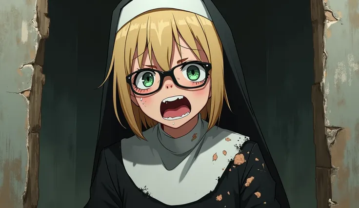 Demon Nun, Catholic Nun, Torn Clothes, Anime Nun Girl, Tears, Crying, Short Blonde Hair, Prescription Glasses, Girl In Pain, Green Eyes, Girl In Fear