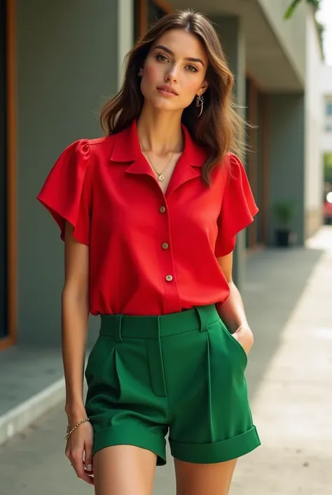 Create feminine looks with red blouse and green shorts