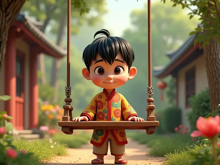  A  Chinese boy ,  black hair with bangs , black eyes and very closed ,  is standing in front of a swing that is in the garden of his house. 3D Style Disney