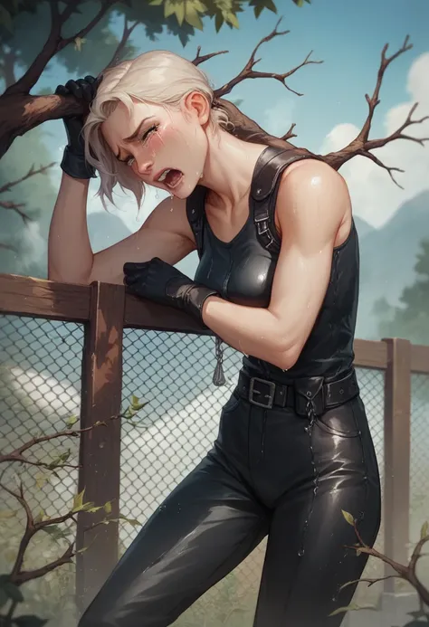 Female soldier in Black leather clothes holding groin in pain, falls crotch-first on fence, safe for work, no porn, no nude, hand on branch, crying and whimpering, in a lot of pain