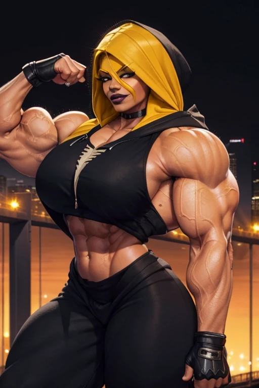 ((Close-up)), tall, (yellow hair) beautiful muscular Latino woman, long hair, brown skinned, (smirking), ((black lipstick)), (massive muscles), (hyper muscle), (ginormous bulky muscles), gray eyes, ((((sleeveless hoodie, hood down)))), (((exercise pants)))...