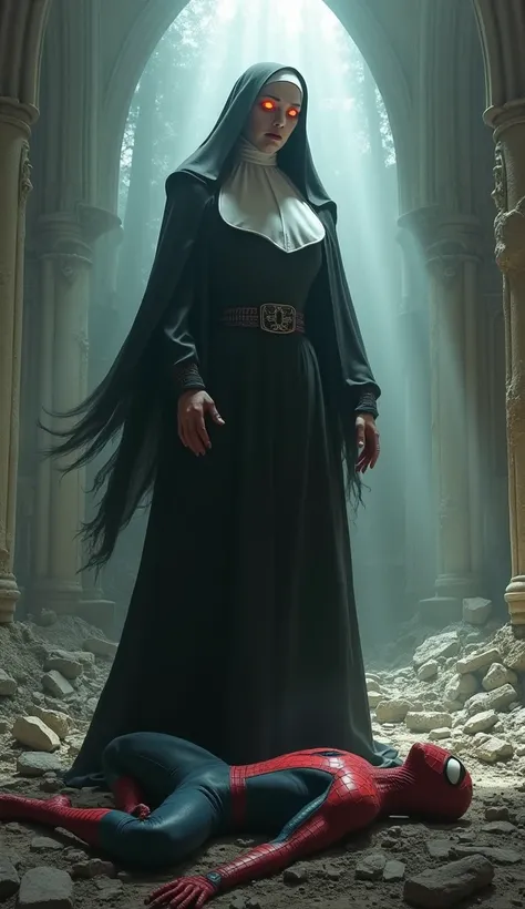  The demon-possessed demon nun watching Spiderman lying down and defeated in a destroyed church, ultra realistic and super real and professional images  