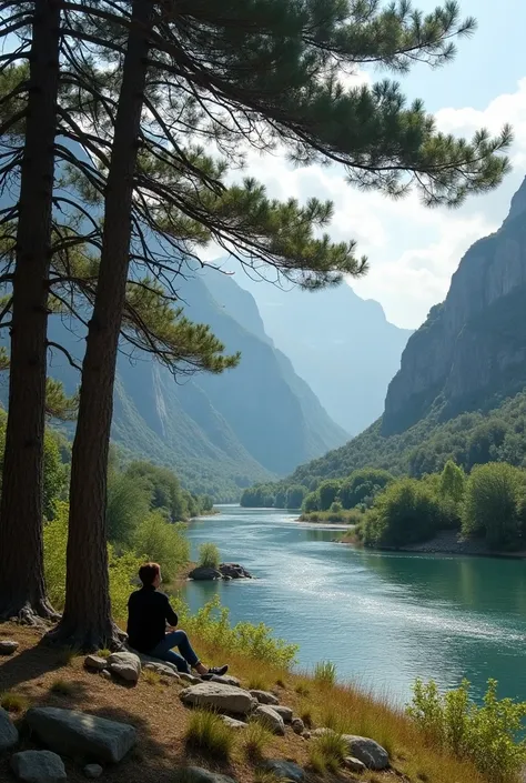 "A peaceful scene with wind blowing through tall trees, causing their branches to sway. In the foreground, a person is sitting under a tree, gazing at a calm river flowing with the backdrop of rugged mountains. The sky is partly cloudy, and the trees leave...