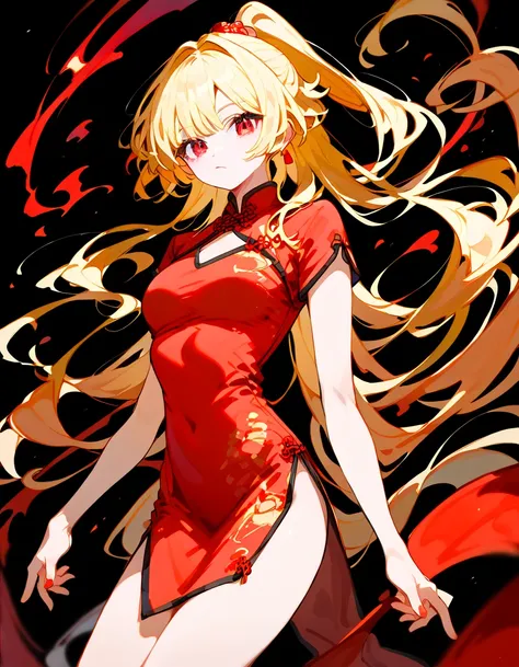 girl, golden hair, in red eyes ,Red eye , black eye border ,Long hair , Medium Chest ,Red Chinese dress,Long hair, Ponytail, black background, Medium Chest ,Thigh,Emotionless,