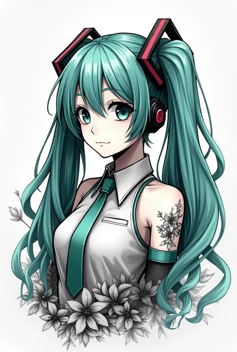 Black ink drawing of Hatsune Miku with some details that are a sketch of a tattoo in black and white 
