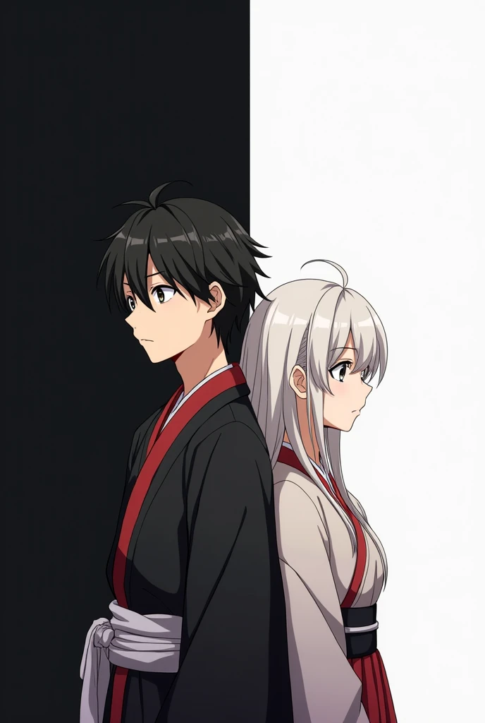 picture with anime. With a black background on the left and white on the right.There are two people back to back. On the left is a  black haired male youth. On the right is a  white haired female. They are wearing tradisional matrial art clothes.