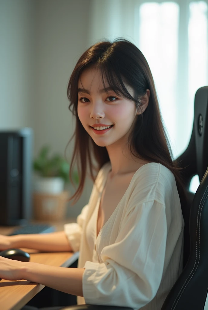  Beautiful Girl, Korean,20 years, Fondo minimalista, in his gamer studio in his apartment , behind his gamer desk looking at the camera smiling