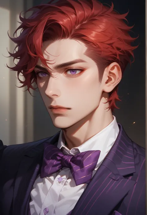 score_9, score_8_up), score_7_up, adult male, red hair, 1boy, dark purple eyes, upper body, male focus, chest, (purple striped suit, purple bow tie), out of frame, reality