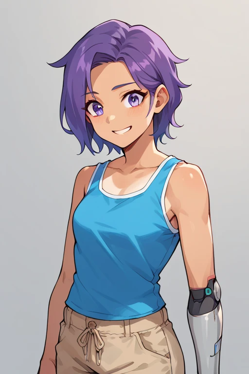 Anime, score_9, score_8_up, score_7_up,BREAK, 1girl, Tari, Blue tanktop, tan pants, Mechanical Arm, purple Hair, Purple Eyes, smile