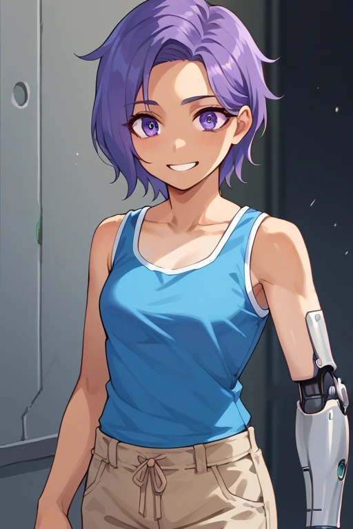 Anime, score_9, score_8_up, score_7_up,BREAK, 1girl, Tari, Blue tanktop, tan pants, Mechanical Arm, purple Hair, Purple Eyes, smile