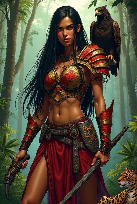 Native American illustration A woman with a natural human face, long and straight black hair,  embodying the native Guna warrior in a combat pose , the attacker . } The warrior is wearing futuristic armor from chest to bottom with patterns ,  inspired by t...