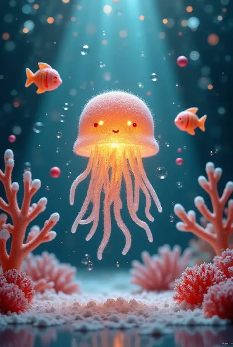 In an underwater world full of healing, a fluffy short-haired jellyfish floats lightly in the water, and its expression looks very happy, as if smiling. Surrounded by a group of felt fish and colorful bubbles, they swim freely in the clear and luminous wat...