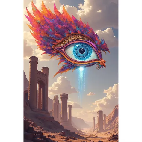 Symbole coloré Illuminati Eye vessels , carte dixit divinité égyptienne, dans un paysage de ruine en sable
