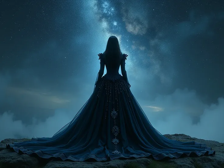 behind a starry sky at night. Make it look like the woman is standing in front dominating the stars and the sky. Shes wearing a dress, very noble and impressive.
Gothic Theme