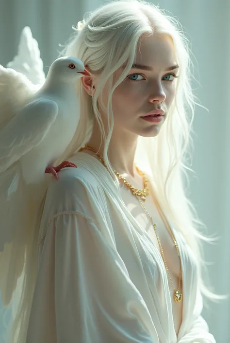 Soft white skin, lapis lazuli eye, white wool hair, golden accessories and white fabric wool around her with wing dove on her back.