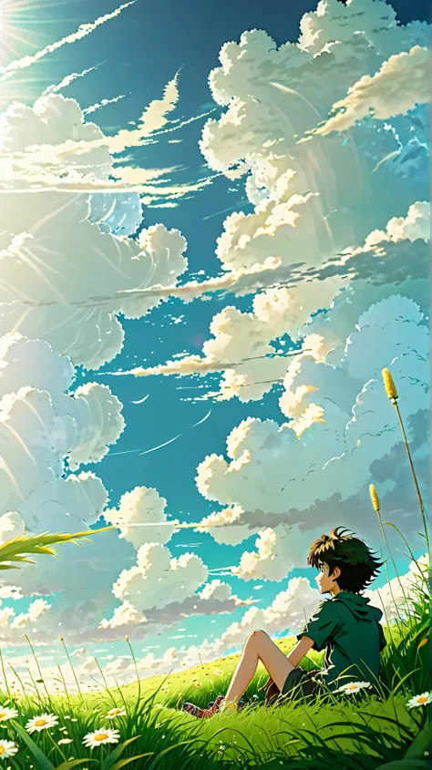 Anime landscape of a boy sitting in a field with tall grass and daisy flowers watching a void with white clouds, colorful anime scene, a beautiful anime peace scene, Makoto Shinkai Cyril Rolando, a beautiful anime scene, a background of amazing screen, an ...