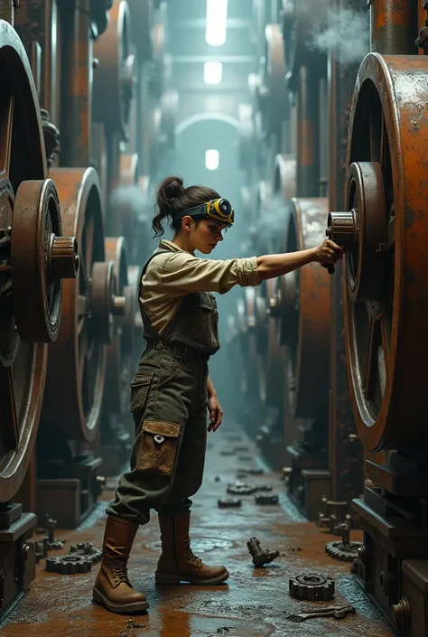 (Best quality, 4k, Masterpiece :1.3), 1girl, (steampunk), scenery, steampunk room engine, repairing engine, gears, cogs, steam, boots, overalls, goggles, dirty face, standing, machinery, oil on floor, dirty floor