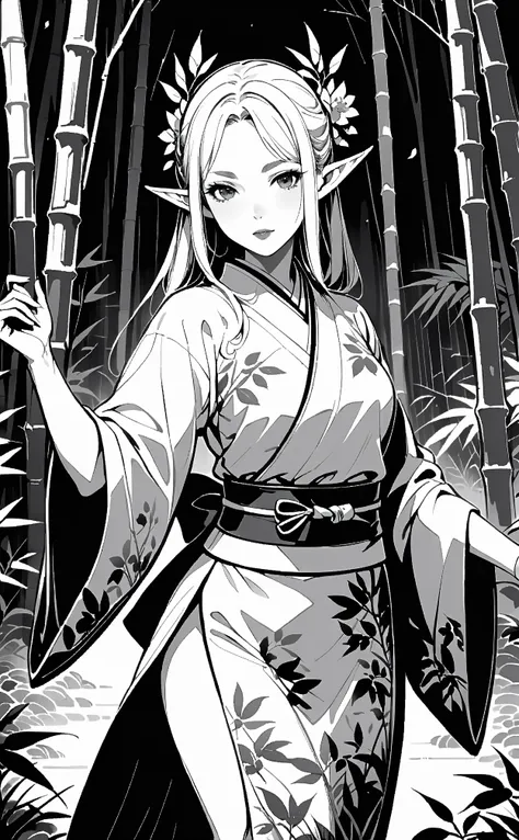 A sumi-e style, monochrome ink painting of a bamboo forest, with high contrast and intricate details, showcasing traditional brush strokes, (masterpiece, ultra quality, official art, 8k, beautiful and aesthetic, extremely detailed:1.3), (1 elf lady), solo,...