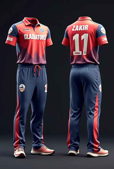 Make a cricket team jersey for the team named "Zakir Gladiators" & name of tournament is "Zakir-Momtaz cricket tournament". Make it Morden & minimalistic design. You can follow IPL teams Jersey design. Make image realistic. Make view of both front & back s...