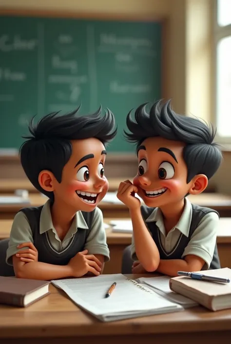 Mischievous Friends Planning a Prank
"Two mischievous friends, Rahul and Ajay, are sitting together at a school desk, whispering to each other with mischievous grins. Both are wearing school uniforms, and the classroom has desks, a blackboard, and books sc...