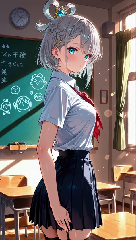 1 Girl, school girl, student, school uniform, pleated skirt, black thigh highs, stockings, short hair, back knot hair, grey hair, braided left side bangs, asymmetrical bangs, turquoise eyes, human, cute pose, sexy, front facing, front view, looking at view...