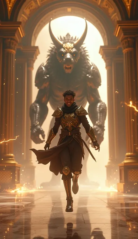 A 33-year-old hero with short, freshly grown black hair and a wide, charismatic smile hovers in mid-air inside a grand and luxurious hall, as if preparing to land. He wears an undeniably simple yet elegant glossy armor, contrasting with the opulent surroun...