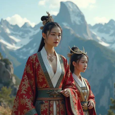  created a picture of the Chinese queen standing in front of the Rocky Mountains  .   Shes wearing traditional Chinese clothes 、 There is a deep V-shaped cut at the top that shows cleavage . Wide-angle photo of the queens entire body  .  Next to her is a C...